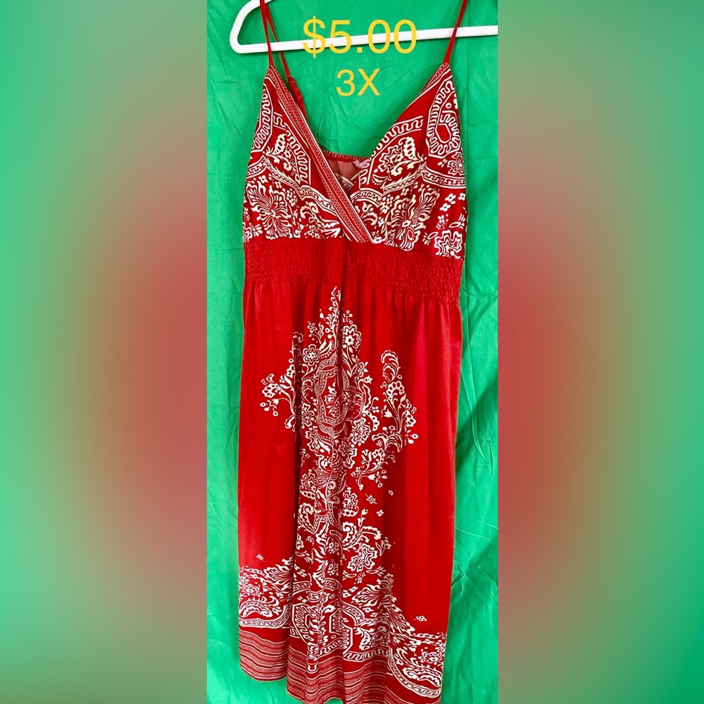 Red and white spaghetti strap sun dress.